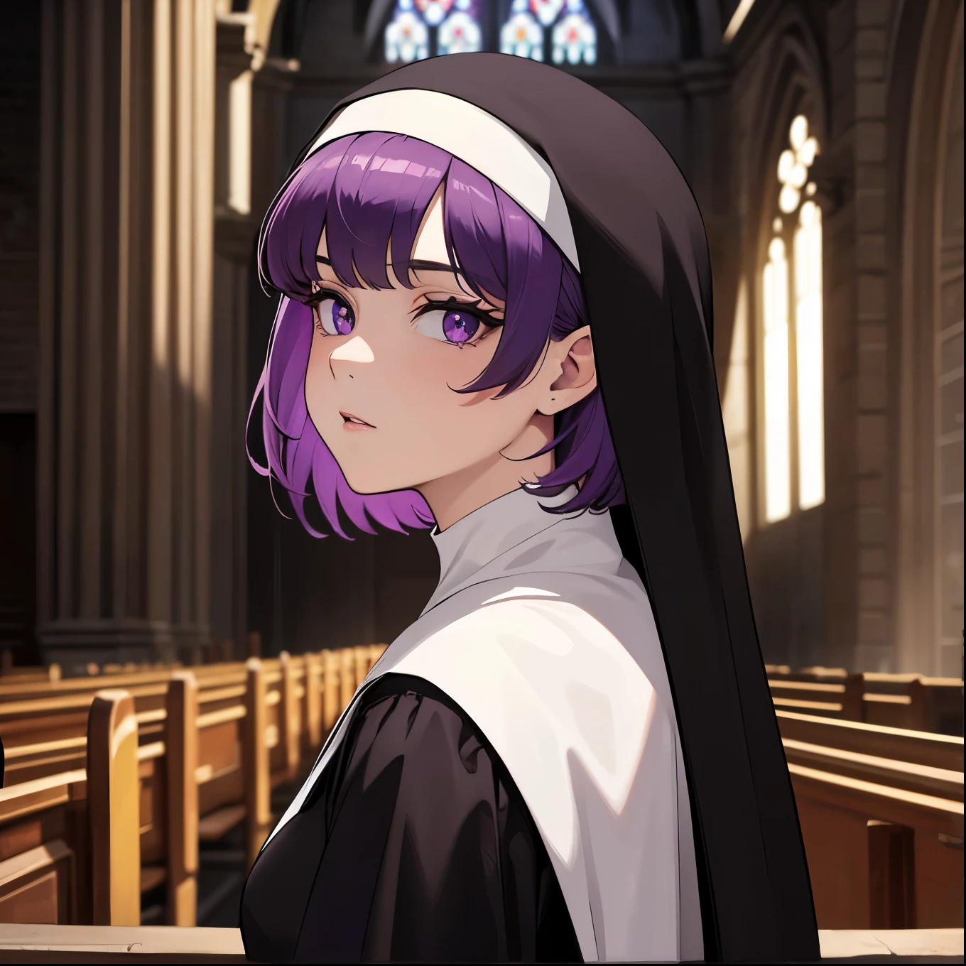 Superior quality, Masterpiece, ultra high resolution, image of a girl with short purple hair and purple eyes and she is in a church dressed as a nun'It lasts, She is on her back showing her big ass