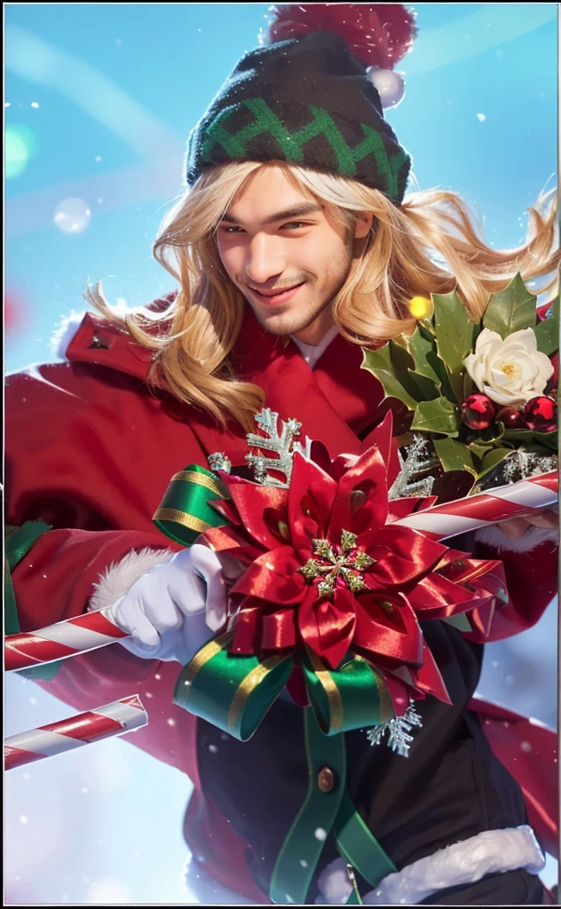 a close up of a handsome boy in a red coat holding a candy cane, christmas, smile, wearing a fur trimmed hat, detailed facial features, warm lighting, cinematic, high quality, photorealistic, 8k, best quality
