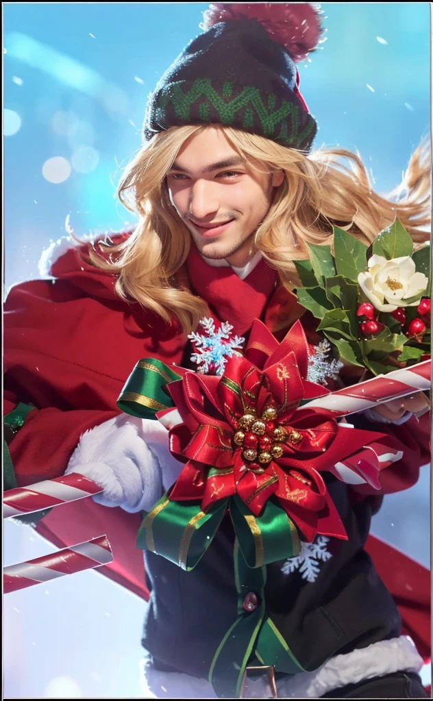 a close up of a handsome boy in a red coat holding a candy cane, christmas, smile, wearing a fur trimmed hat, detailed facial features, warm lighting, cinematic, high quality, photorealistic, 8k, best quality