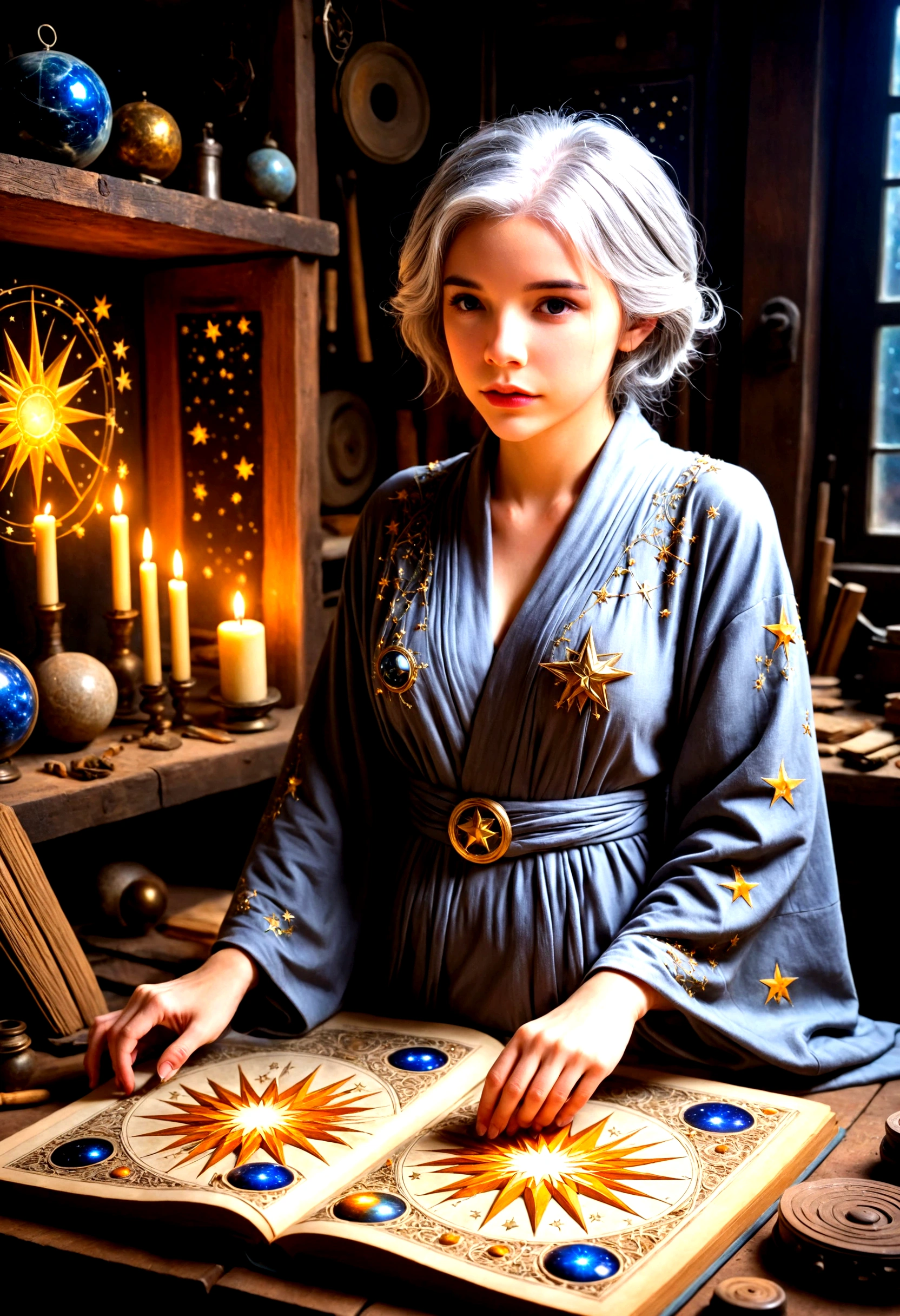 A cute young woman (gray haired) (mystical robes with intricate star designs) is in her workshop with many star observation tools and a huge tome of astrological signs before her
