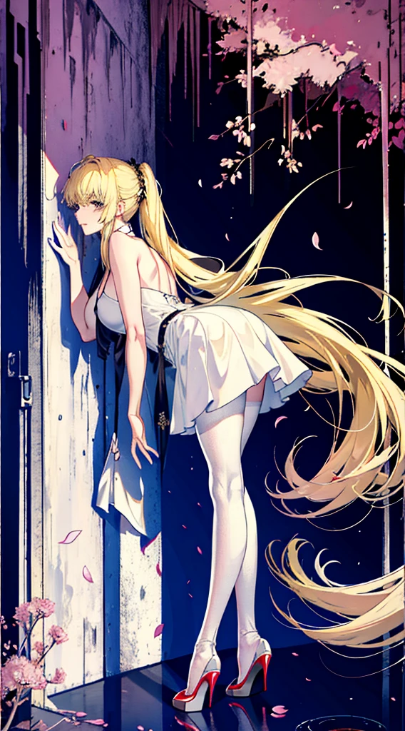Young and beautiful Kathryn Newton, Glasses, White dress shirt, The neckline is deep, White mini dress, Black lace,Dark pantyhose, Stiletto red soled heels,Surreal, , Model Diagram,Extra large breasts, Beautiful breasts, Big Ass, Long hair, Ponytail, Blonde hair, Long legs, 8K, futuristic city, Cherry blossoms,Sweating all over the body,Large areas of clothing are wet, sunrise, LED lighting, Anime style, (((cleveage))),((Leaning against the wall,Sideways posture))