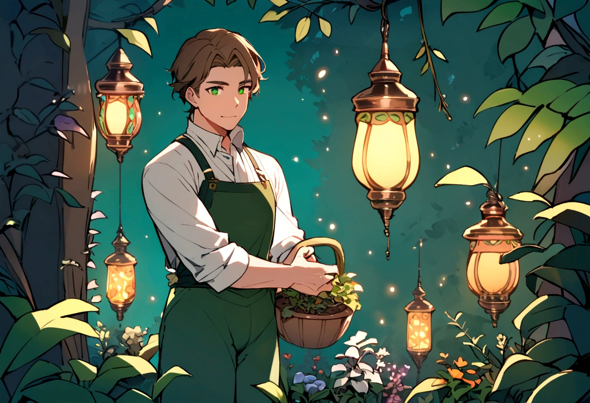adult male gardener - brown hair - dark green eyes - in a garden