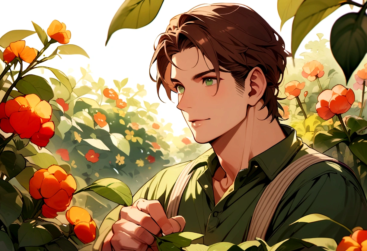 adult male gardener - brown hair - dark green eyes - in a garden