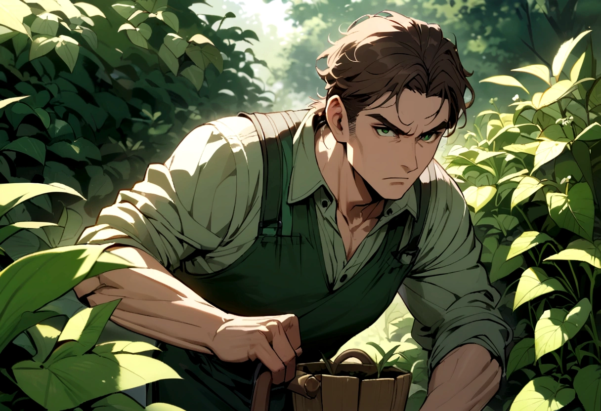 adult male gardener - brown hair - dark green eyes - in a garden