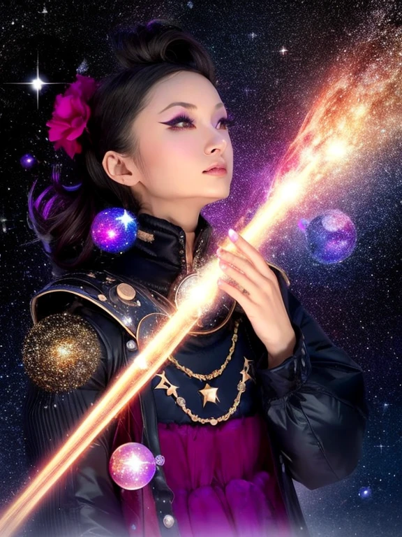 1 Girl, solo, (astrologer),
mysterious, Fantasy, grace, Calm, Silence, intellectual, ancient, Beyond time and space, dream, aura,
Dark eyeshadow, Star shaped glitter, Sparkling Highlights, Rich Lip Color, Smokey Eye, mysteriousなアイライナー,
universe space, shooting star, planet,
astrologerが魔法の杖を使って星を指し示している,
Sparkling meteor shower, Magic Light, Reflecting Galaxy