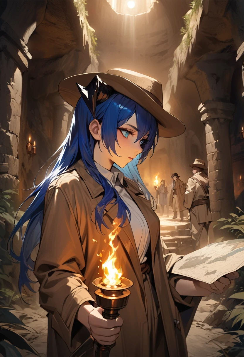 ((adult)), (woman), ((tall)), ((Mostima from arknights)) , masterpiece, best quality, ((Bluer hair long)), horns, plain white shirt, brown coat, holding a map and a torch, indiana jones outfit, hat, realistic anime style, inside of a catacomb.
