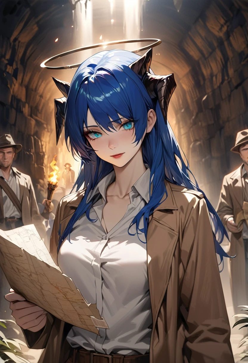 ((adult)), (woman), ((tall)), ((Mostima from arknights)) , masterpiece, best quality, ((Bluer hair long)), horns, plain white shirt, brown coat, holding a map and a torch, indiana jones outfit, hat, realistic anime style, inside of a catacomb.