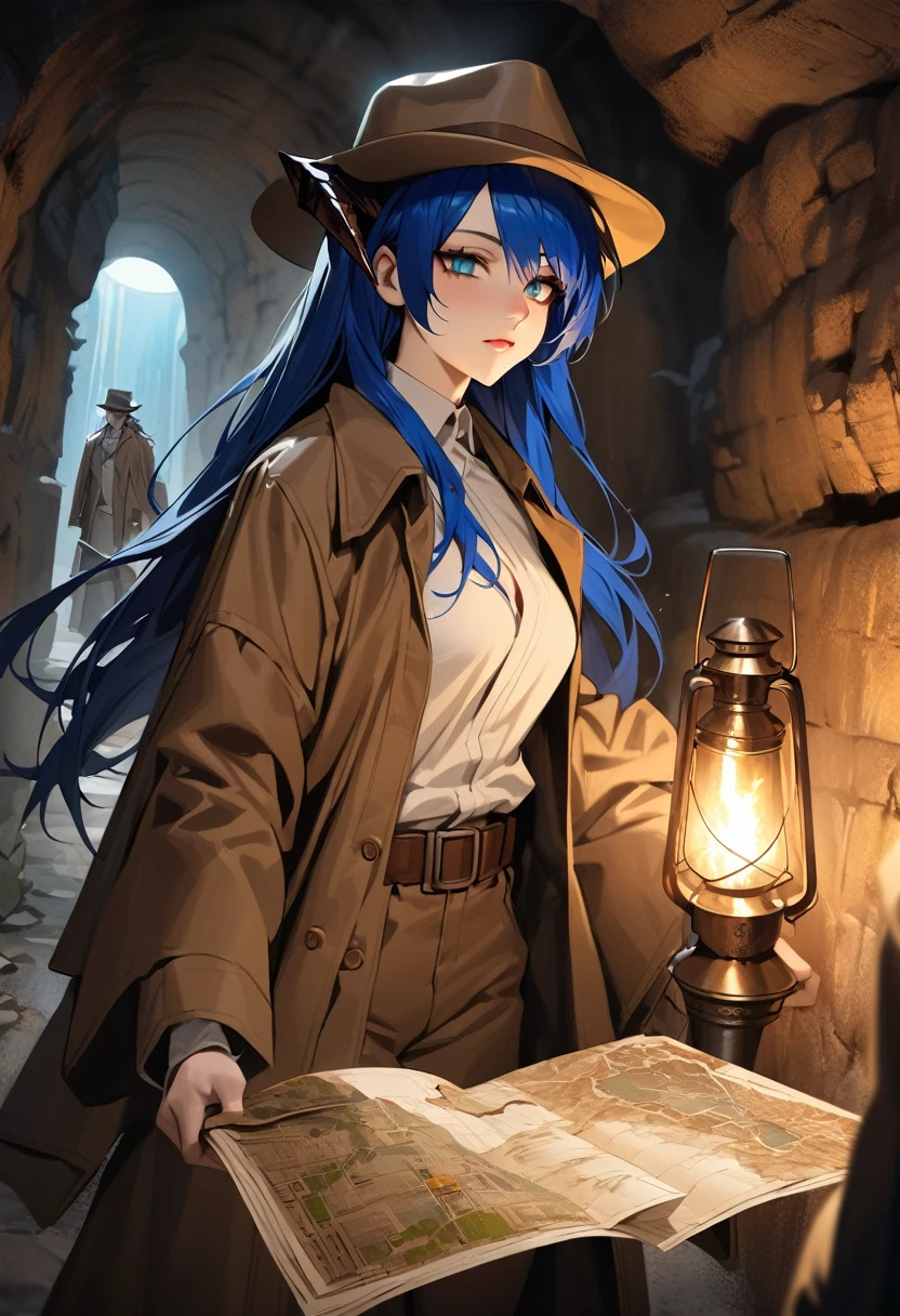 ((adult)), (woman), ((tall)), ((Mostima from arknights)) , masterpiece, best quality, ((Bluer hair long)), horns, plain white shirt, brown coat, holding a map and a torch, indiana jones outfit, hat, realistic anime style, inside of a catacomb.
