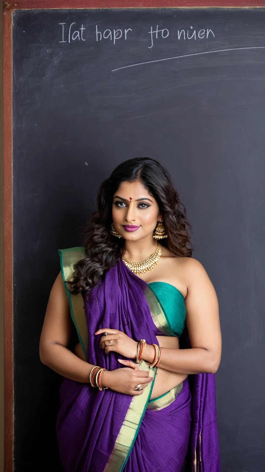 a woman in a purple sari posing in front of a blackboard, full subject in shot, violet myers, full subject, seductive lady, mid body shot, middle body shot, alluring plus sized model, seductive and powerful, plus-sized, full subject in view, curvy model, curvy, casually dressed, close body shot, seductively looking in front, middle shot, busty bobs popping out, nude thighs, 