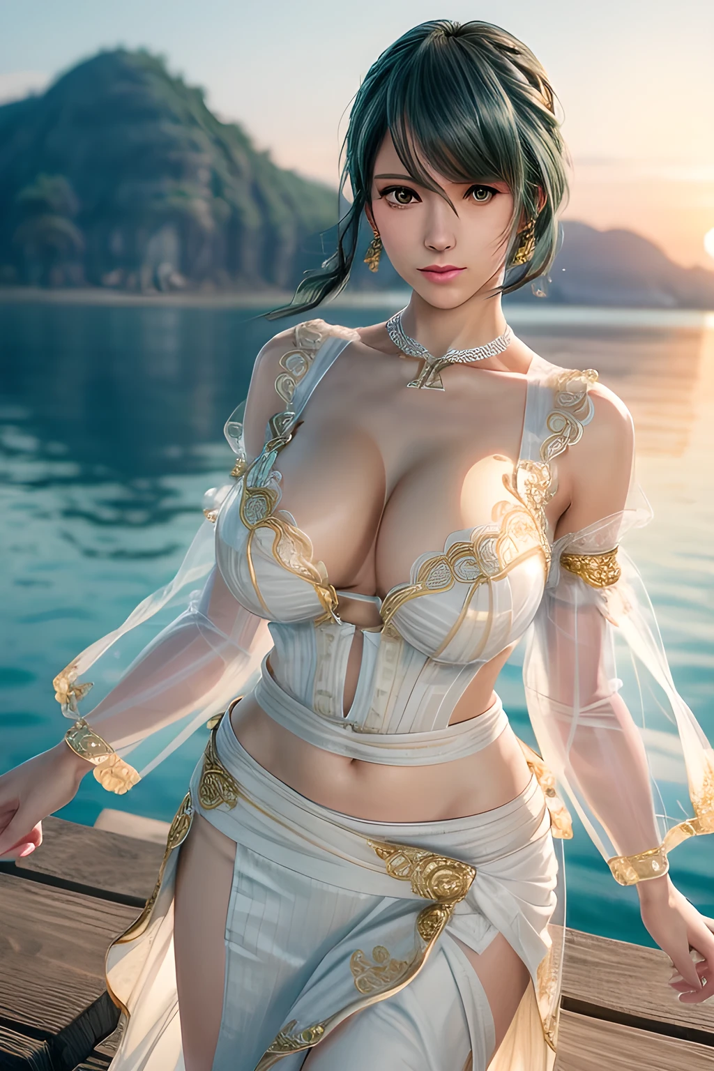 1girl,Tamaki,At sunset, the warm sunlight adds a golden hue to the scene. Wearing a flowing (white dress with transparent sleeves and a cinched waist: 1.4), blown by the breeze, and wearing earrings, she stands on the dock and looks at the sunset in the distance. The water is calm, with soft ripples, and the outline of the distant coastline can be vaguely seen in the background.(fashionable_Tattoos),(huge breasts),collarbone, cleavage,Detailed Hair,(Tattoos),(masterpiece:1.5),( best quality:1.4), ultra-detailed,(((realisetic))),8K,{ (photorealistic:1.37),movie soft light,