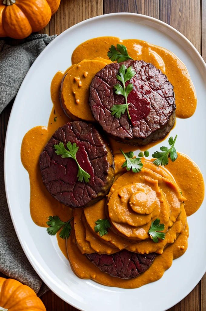 A plate with beef medallions, espinaca crocante, pumpkin puree, pineapple sauce, table, carrot, beet and paprika 