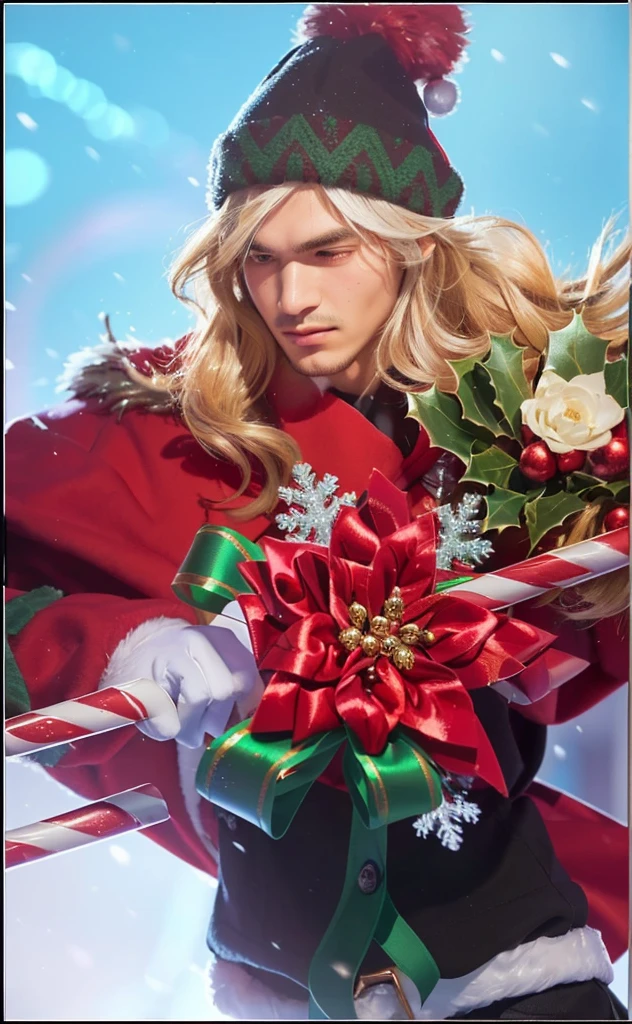 a close up of a handsome boy in a red coat holding a candy cane, christmas, wearing a fur trimmed hat, detailed facial features, warm lighting, cinematic, high quality, photorealistic, 8k, best quality