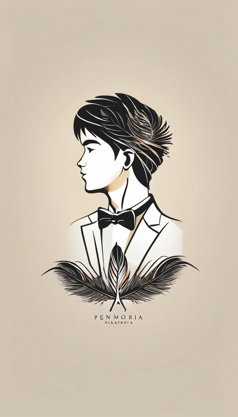 Create a minimal, modern, simple, inspirational, memorable, dream like logo design of a boy and a feather for the brand “Penamemoria".
