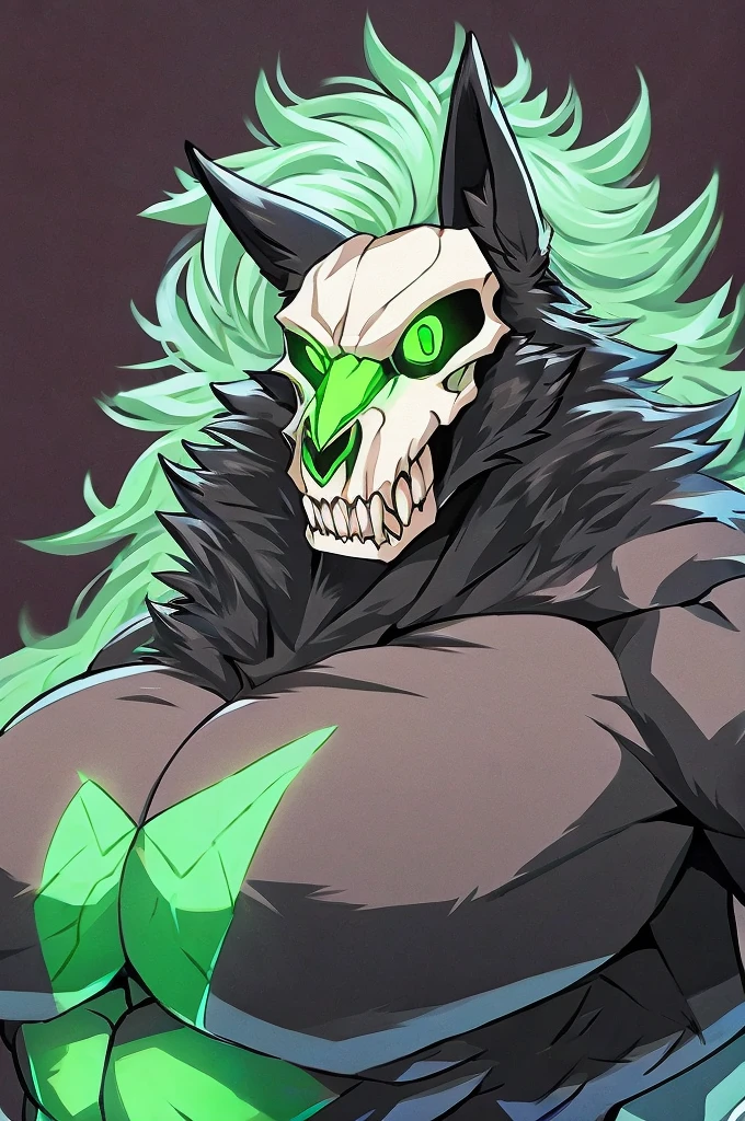 A hulking skull faced wolf creature with black fur, giant pecs, glowing green eyes, bangs