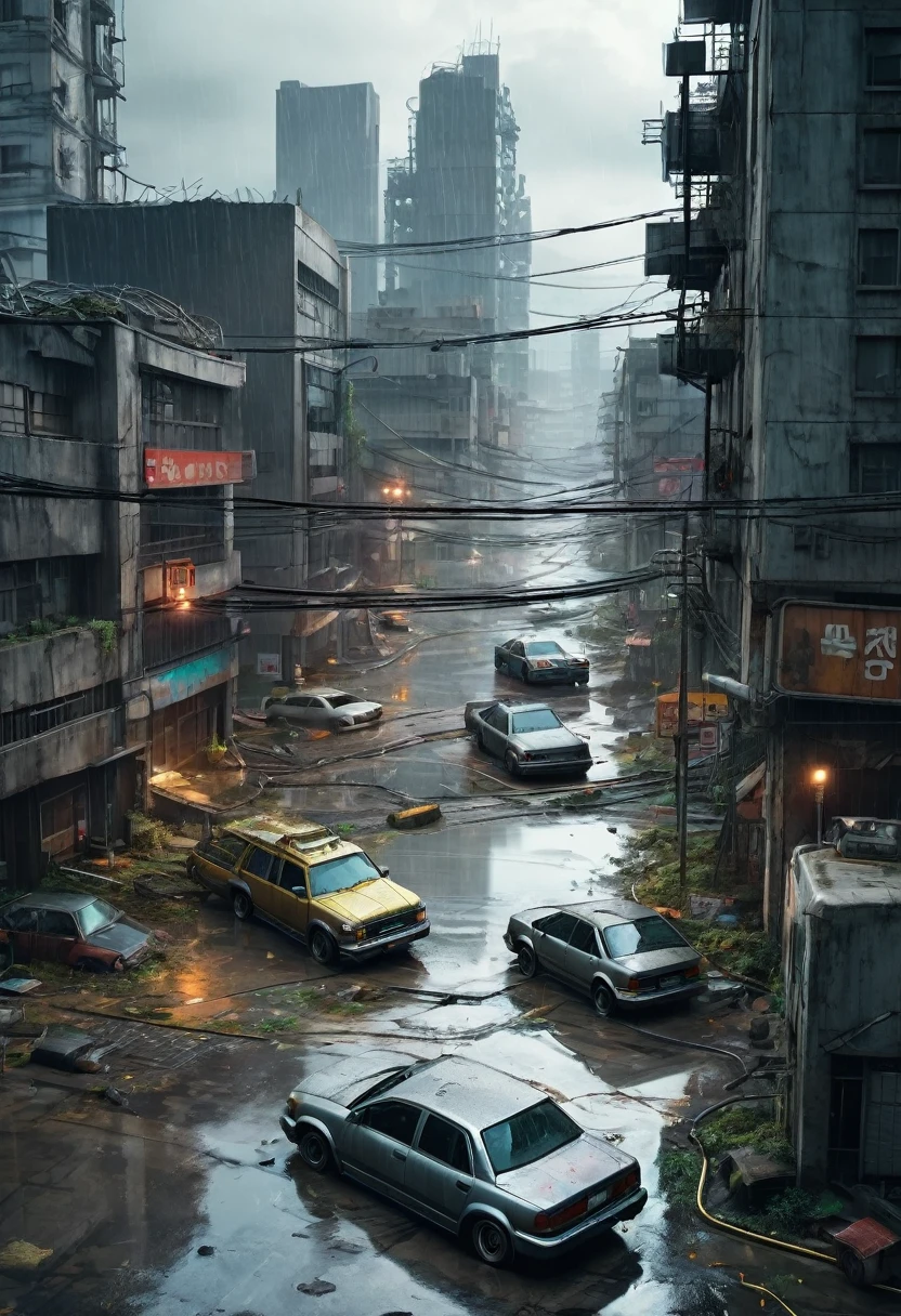 Image of the center of a modern ultra futuristic abandoned city with rusty and dirty abandoned overturned cars standing among the dirty modern round and circular gray buildings in ruins, cyberpunk style, rain and puddles of water on the ground, Science fiction, top view from a height of 30 meters, apocalipse nuclear, urban scenery with poles with traffic lights and wires of fallen poles,  there is a rusty chain link fence around the buildings, There are billboards that have been erased and fallen from buildings, many buildings on the horizon as realistic as possible, high qualiy, 4K, hyper detailled