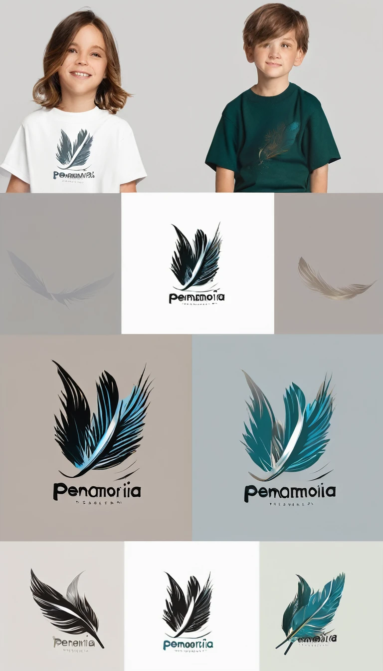 Create a minimal, modern, simple, inspirational, memorable, dream like logo design of a boy and a feather for the brand “Penamemoria".
