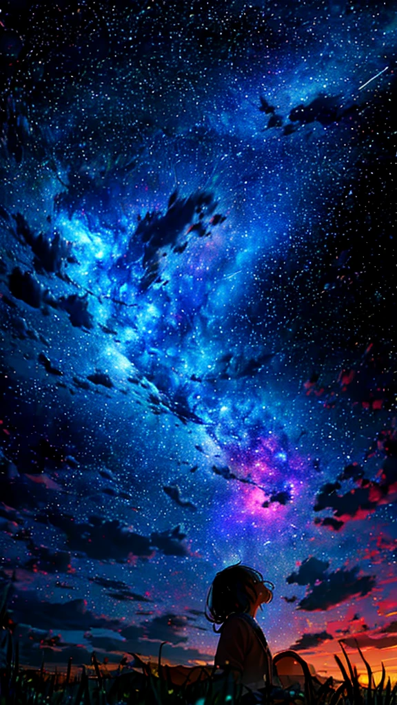 Describe a scene where a cute girl character is lying on a grassy hill., Look up at the starry sky. Surround her with colorful nebulae and her favorite constellations.