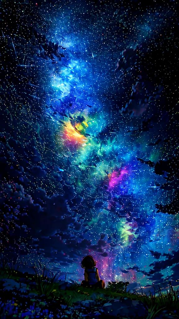 Describe a scene where a cute girl character is lying on a grassy hill., Look up at the starry sky. Surround her with colorful nebulae and her favorite constellations.