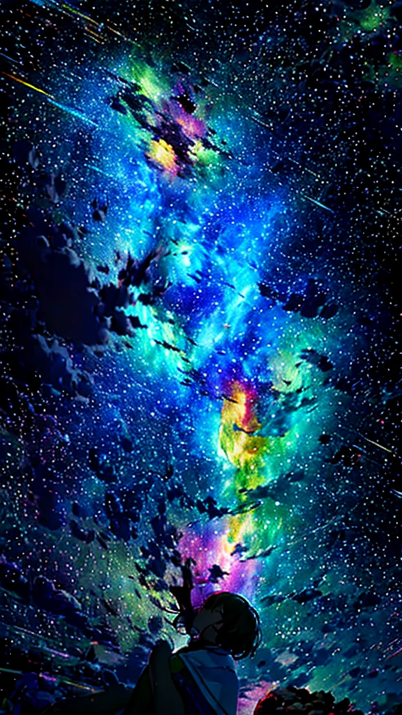 Describe a scene where a cute girl character is lying on a grassy hill., Look up at the starry sky. Surround her with colorful nebulae and her favorite constellations.
