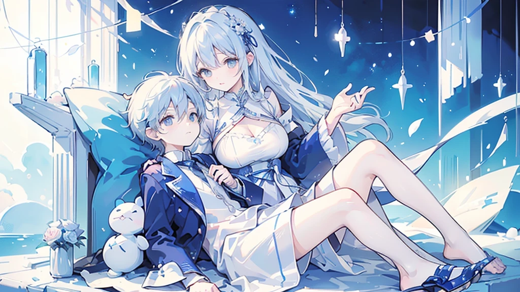 (((Mother and son,My son is a newborn baby.)))、((Highest quality、Masterpiece、Official Art、The best dynamic composition))、They both have a mixture of blue and white hair.、She is happily stroking the baby's cheek.、Heartwarming、happiness、A sparkling world、