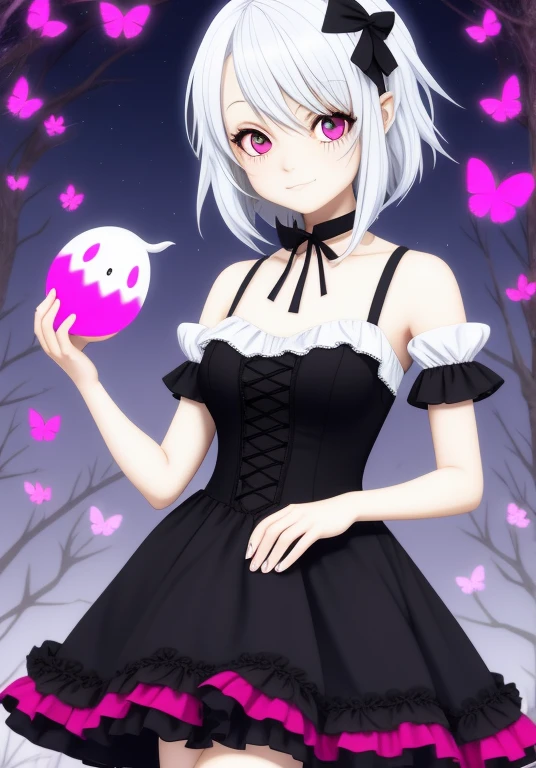 ,flat chested, flat stomach, tiny body, small stature, high quality image of an anime-style gothic girl, the girl has a very thin body, the girl has short legs, her face is sad, the girl has white skin, the girl has very small breasts, The girl is slightly blushing, the girl has little ears, the girl has white hair, the girl has short hair, the girl is posing sexy, the girl is wearing a black tight maid dress with pink ruffles, the girl's eyes are bright red, the girl has very marked black eyeliner, The background of the image is a night garden with luminous ghosts,