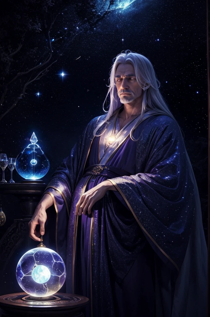 A mystical astrologer in a dark, starry room. They are surrounded by zodiac signs, holding a glowing crystal ball, wearing a long, flowing robe with celestial patterns. The astrologer has a serene expression and is bathed in moonlight