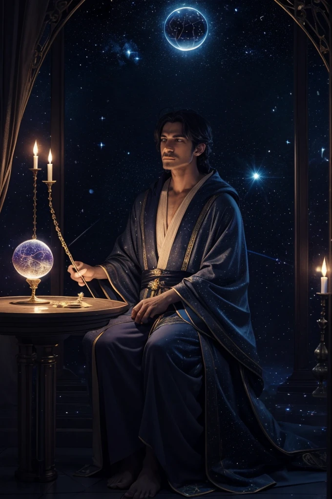 A mystical astrologer in a dark, starry room. They are surrounded by zodiac signs, holding a glowing crystal ball, wearing a long, flowing robe with celestial patterns. The astrologer has a serene expression and is bathed in moonlight