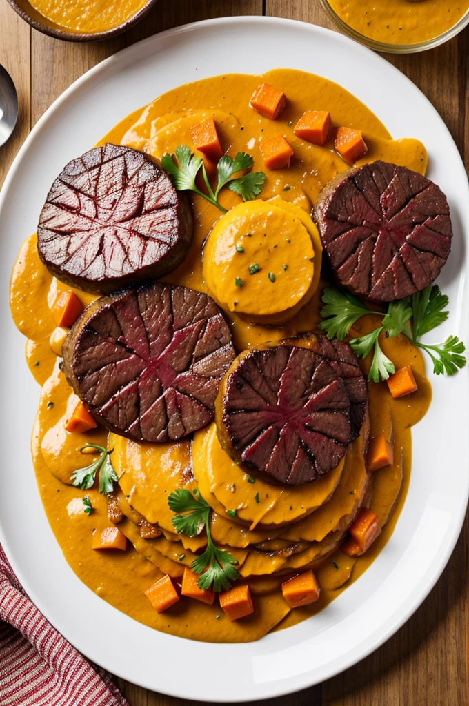A plate with beef medallions, espinaca crocante, pumpkin puree, pineapple sauce, table, carrot, beet and paprika