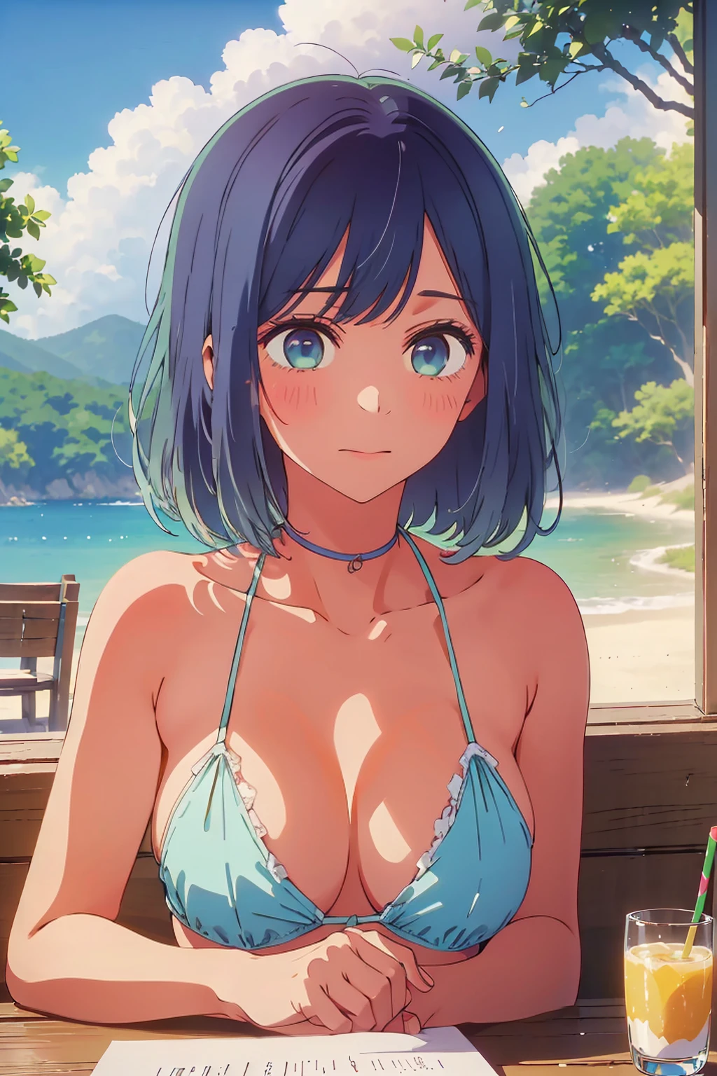 (Highest quality:1.4、masterpiece:1.4、Super detailed:1.4、8K:1.4)、((((1 person、Surprised expression、sit、Outdoor café terrace、coastal、juice、table、Sandy Beach、juiceのグラスを持つ、Plain Bikini、The depth of the written world、Very soft boobs、Big eyes、Very cute face))))、F cup bust、Medium breast、Underboob