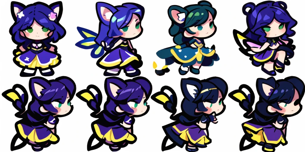 a close up of a cartoon character with different poses, spritesheet, sprite sheet, with familiar sprites, sprites, fairy girl, morgana, default pose neutral expression, twirling, sprite 2 d, shady, green fairy, smol,  multiple poses, cute chibi, kawaii