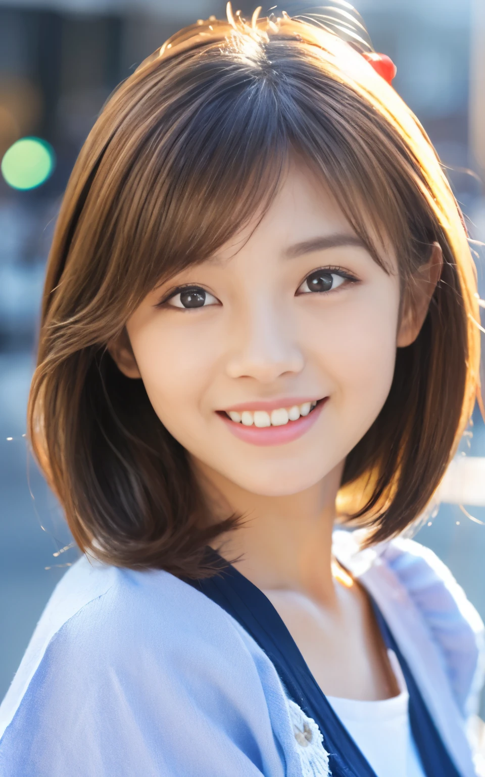 Cute 21 year old Japanese、city、shopping、Super detailed face、Pay attention to the details、double eyelid、Beautiful thin nose、Sharp focus:1.2、Beautiful woman:1.4、(Light brown hair,short hair、),Pure white skin、highest quality、masterpiece、Ultra-high resolution、(Photorealistic:1.4)、Highly detailed and professional lighting、nice smile、Please show me your whole body、Cute Spring Clothes、