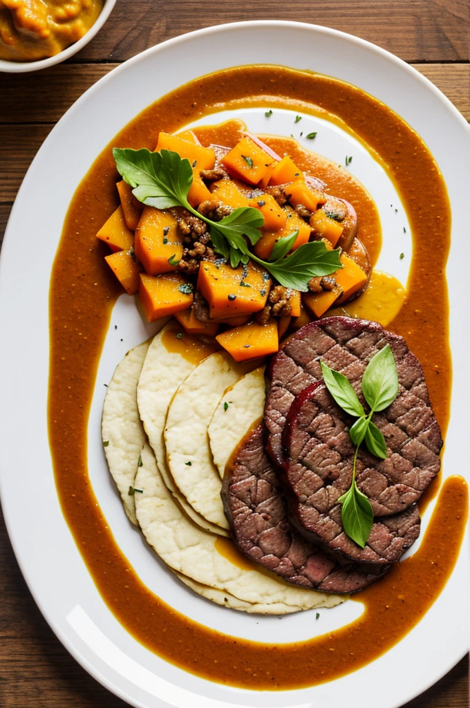 A plate with beef medallions, espinaca crocante, pumpkin puree, pineapple sauce, table, carrot, beet and paprika