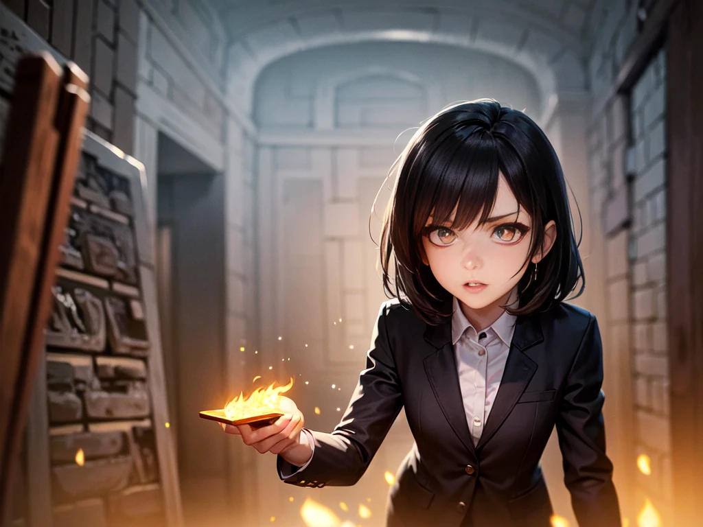 absurdres, (masutepiece:0.7), (best quality:1.3), 8k, 4k, (ultra-detailed, sharp focus:1.3), magical realism, girlish & feminine, (little scared:1.5), 1girl, (extremely detailed beautiful eyes and face, beautiful long eyelashes, beautiful detailed lips, an office lady in a suit), talking on a smartphone, exploring a creepy dungeon, stone walls, flickering torchlight, magic glowing crystals, fog effects, elegant and dramatic pose, dramatic lighting, cinematic composition, fantasy dungeon environment, intricate details, vibrant colors, frightened look,