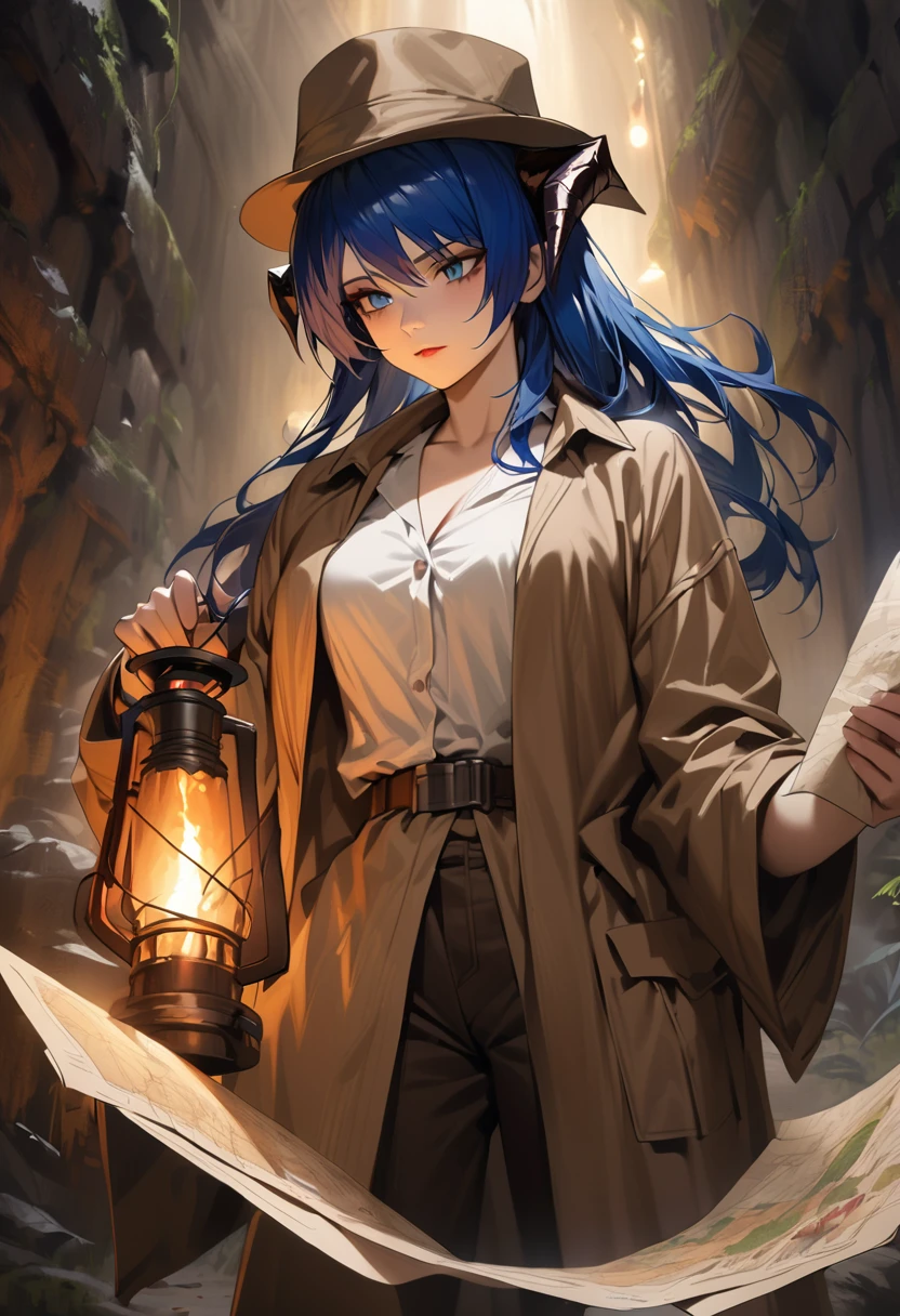 ((adult)), (woman), ((tall)), ((Mostima from arknights)) , masterpiece, best quality, ((Bluer hair long)), horns, plain white shirt, brown coat, holding a map and a torch, indiana jones outfit, hat, realistic anime style, inside of a dark catacomb.