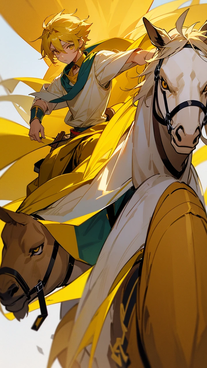 Draw a 22-year-old boy of Greek origin with yellow hair, yellow eyes and light skin, he wears yellow and white Greek prince clothes, draw him riding an anime-style camel. 