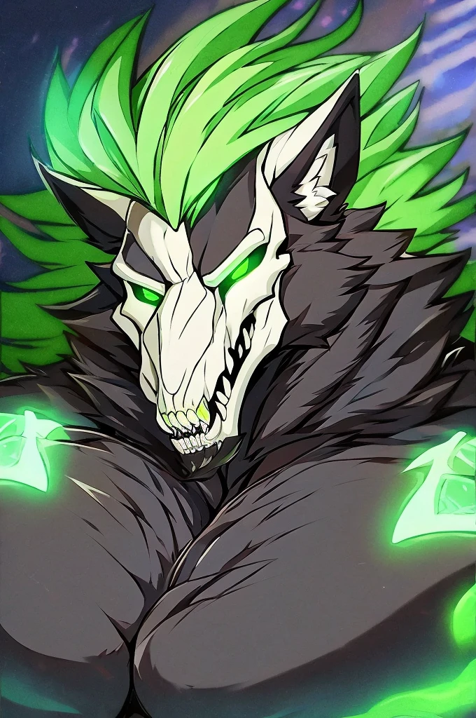 A hulking skull faced wolf creature with black fur, giant pecs, glowing green eyes, bangs