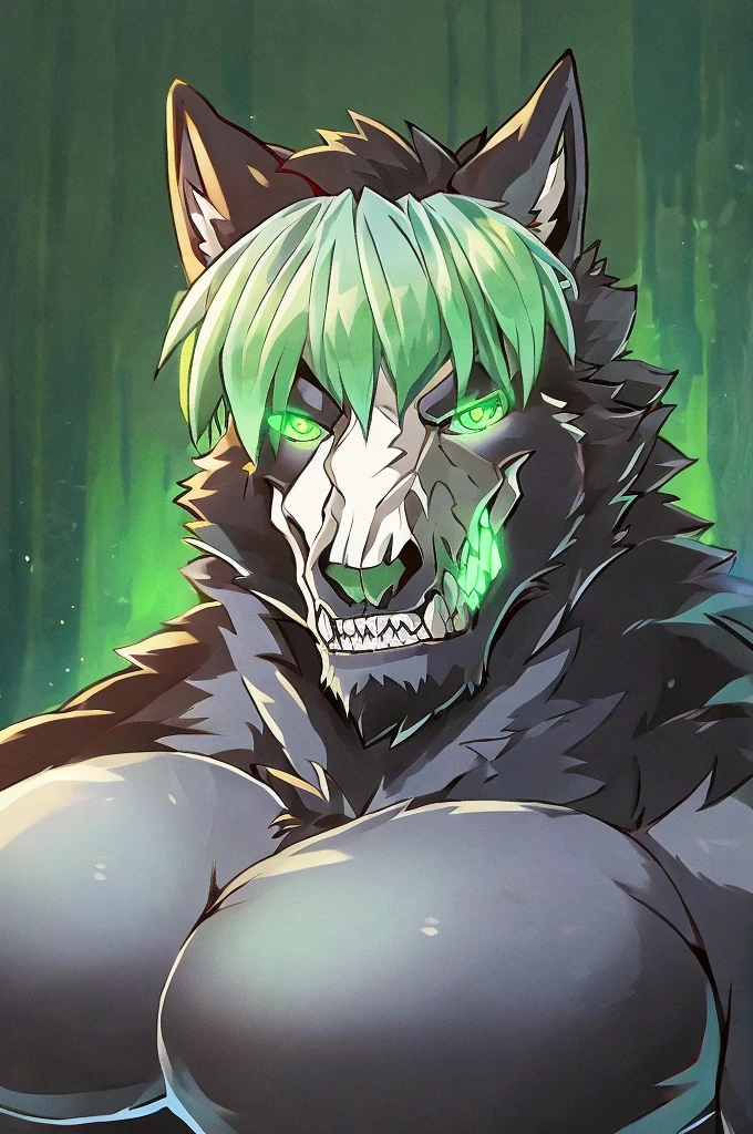A hulking skull faced wolf creature with black fur, giant pecs, glowing green eyes, bangs