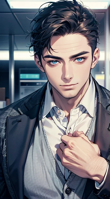 (best quality,4k,8k,highres,masterpiece:1.2),ultra-detailed,(realistic,photorealistic,photo-realistic:1.37),1 man,31 years old,mature man,very handsome,without expression,smile,short blue hair,blue eyes,penetrating gaze,perfect face without errors,imposing posture,businessman,office background,cinematic lighting,hdr image