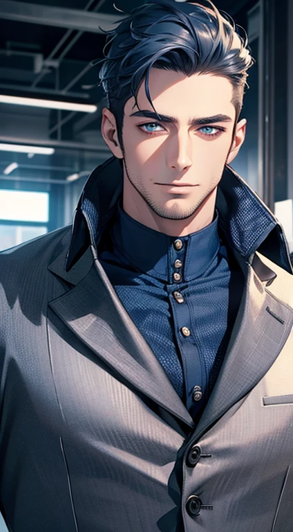 (best quality,4k,8k,highres,masterpiece:1.2),ultra-detailed,(realistic,photorealistic,photo-realistic:1.37),1 man,31 years old,mature man,very handsome,without expression,smile,short blue hair,blue eyes,penetrating gaze,perfect face without errors,imposing posture,businessman,office background,cinematic lighting,hdr image