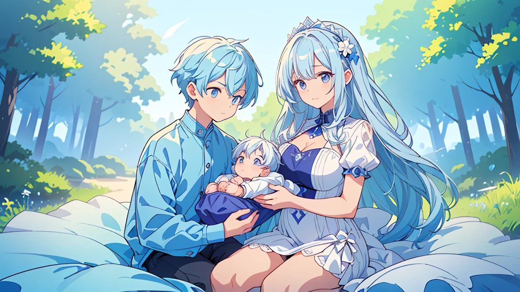 (((Mother and son,My son is a newborn baby.)))、((Highest quality、Masterpiece、Official Art、The best dynamic composition))、They both have a mixture of blue and white hair.、She is happily stroking the baby's cheek.、Heartwarming、happiness、A sparkling world、