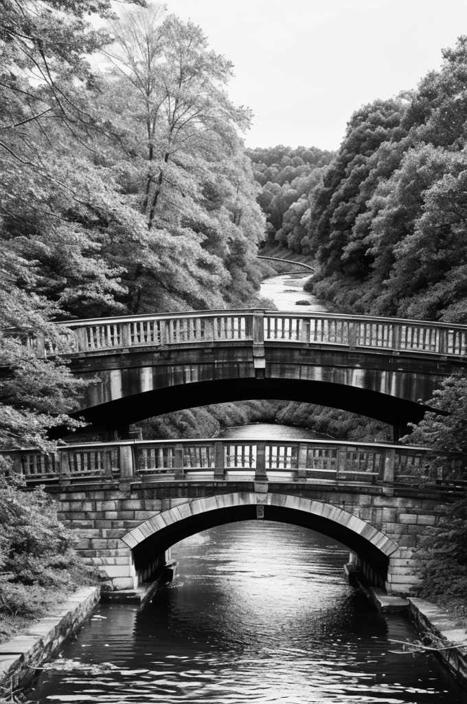 Create an image of a drawing sketch (black and white, that is to say, a sketch) of a board used as a bridge over a river in a forest