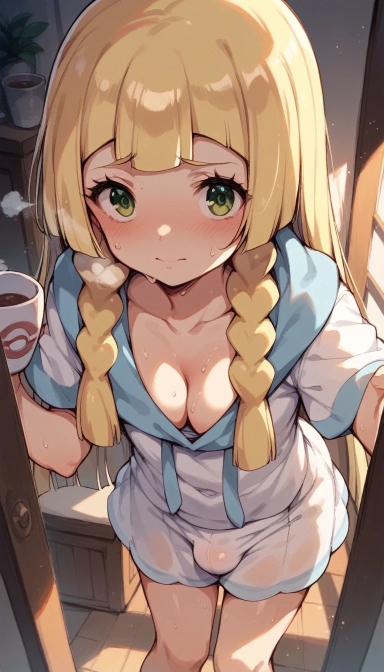 nsfw,,1 person,Sweat,White Breath,solo,,Pokémon,Lillie,Groin bulge,(Cleavage voyeur),Leaning forward,room,(A Cup),View from above the parka