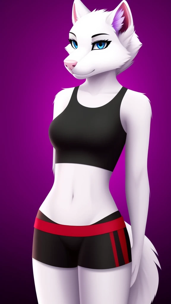create a image of a furry wolf female anthropomorphic white fur mixed with purple and red designs on her fur blue eyes pink nose full body  wearing a black crop top and black shorts