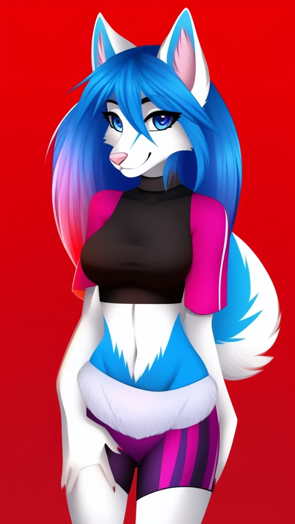 Furry sergle female anthropomorphic white fur green eyes blue nose red tail wearing a black shirt and underwear full body 