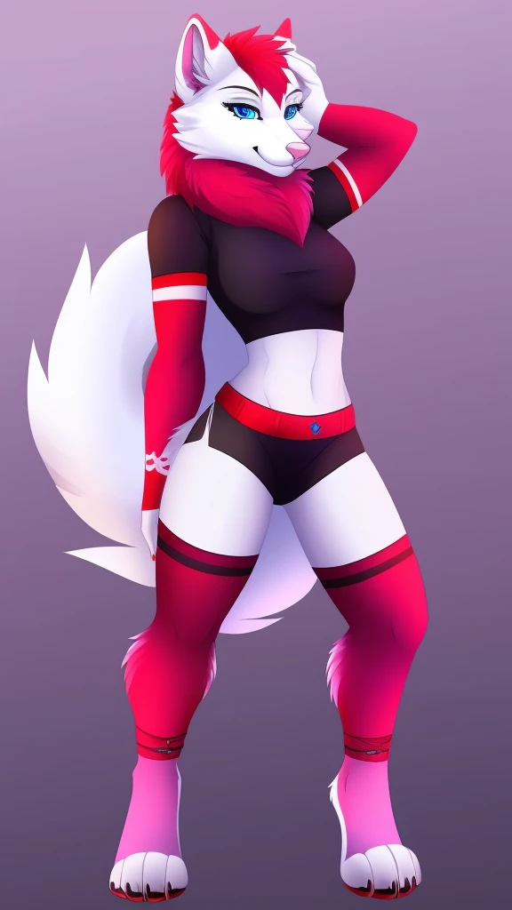 create a image of a furry wolf female anthropomorphic white fur mixed with purple and red designs on her fur blue eyes pink nose full body wearing a black crop top and black shorts