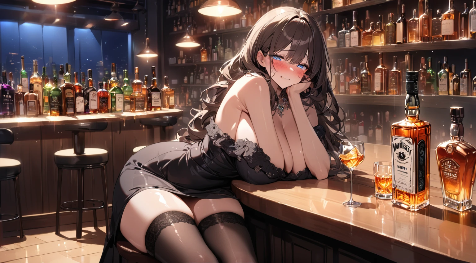 best quality, 4k, high resolution, Masterpiece: 1.2, extremely detailed), sad expression looking at camera, big breasts, 40 year old girl, solo, brunette, fluffy long hair, blue eyes, (drunk, blushing), (sitting, drinking), ((mature sexy body)), black stockings, black off-shoulder dress, holding a glass, counter, bar, (fashionable bar) interior, ((cocktail glass) filled with colorful liquor), (dimly lit room), wine bottle, detailed background, (((night background)))), (((in the bar))), wine, whiskey, highball, (shiny light, effects: 1.2)