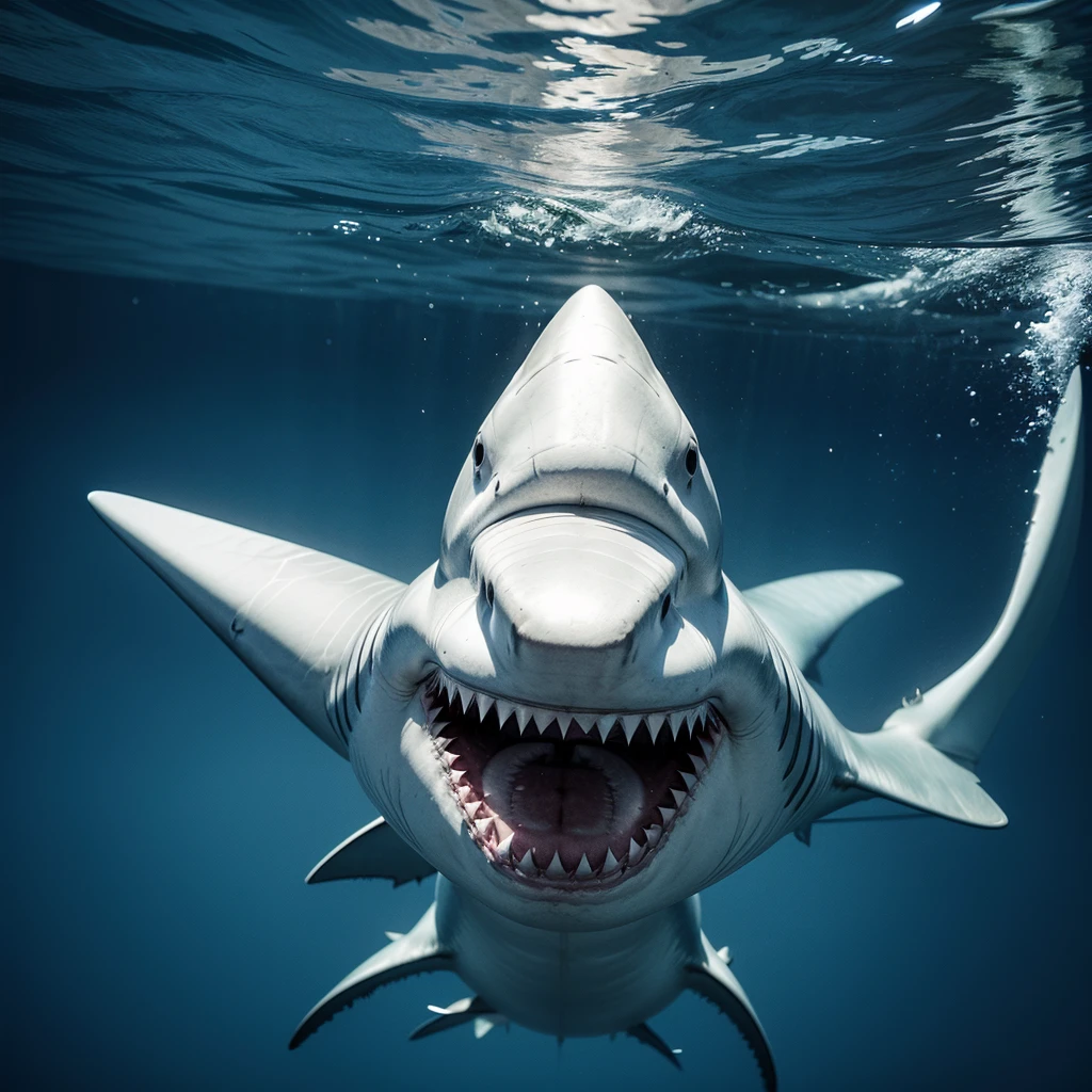 Create a photo of a shark. It has a minimalist design, and appears to be swimming around something. Its image format is PNG