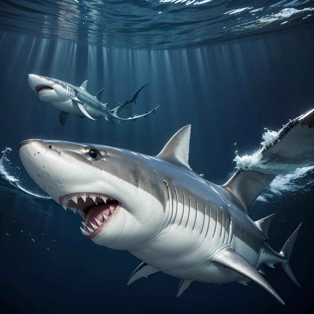 Create a photo of a shark. It has a minimalist design, and appears to be swimming around something. Its image format is PNG
