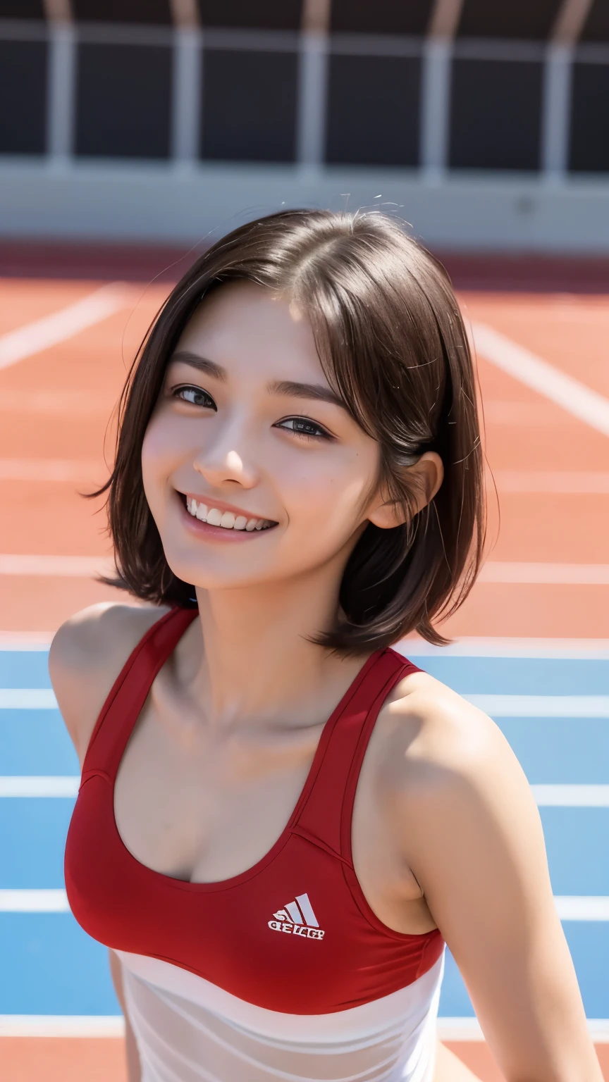 one girl, (a beauty girl, delicate girl:1.3), (, Gal:1.3), (Red sportswear:1.2), Very fine grain definition, (Symmetrical black eyes:1.3), Looking into the camera, Big smile, Showing teeth, (Track Field View:1.2), Very small breasts, Brown short hair, girl, (Eye and facial details:1.5), (masterpiece, highest quality, Super detailed, Detailed face, 8k), Cowboy Shot From Below, Hunchback posture,whole body