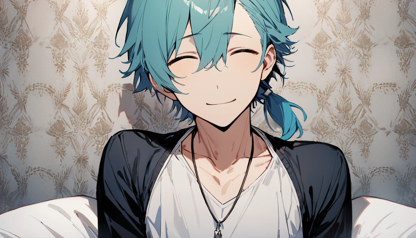 ((((best masterpiece, best quality, wallpaper,)))) solo, guy, male body, small muscles, flat chest, 1male, 30 years old, handsome man, upper body, looking at viewers, beautiful detailed, seductive smile, mediumturquoise hair, ((((Lower short ponytail)))), asymmetrical bangs, ((short hair,)) (((light smile, closed eyes, tareme, droopy eyes,))) (((perfect face,))) perfect hands, sharp nose, clear face, black turtleneck, grey cardigan, ((silver piercing, pendant,)) face-to-face:1.4, woman, very long hair, light brown hair, leggings, pink background color ultrasharp, 8K, masterpiece,